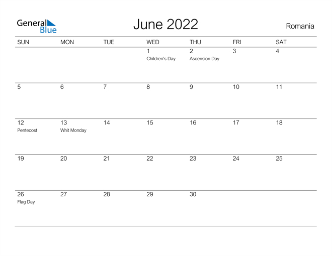 Romania June 2022 Calendar With Holidays