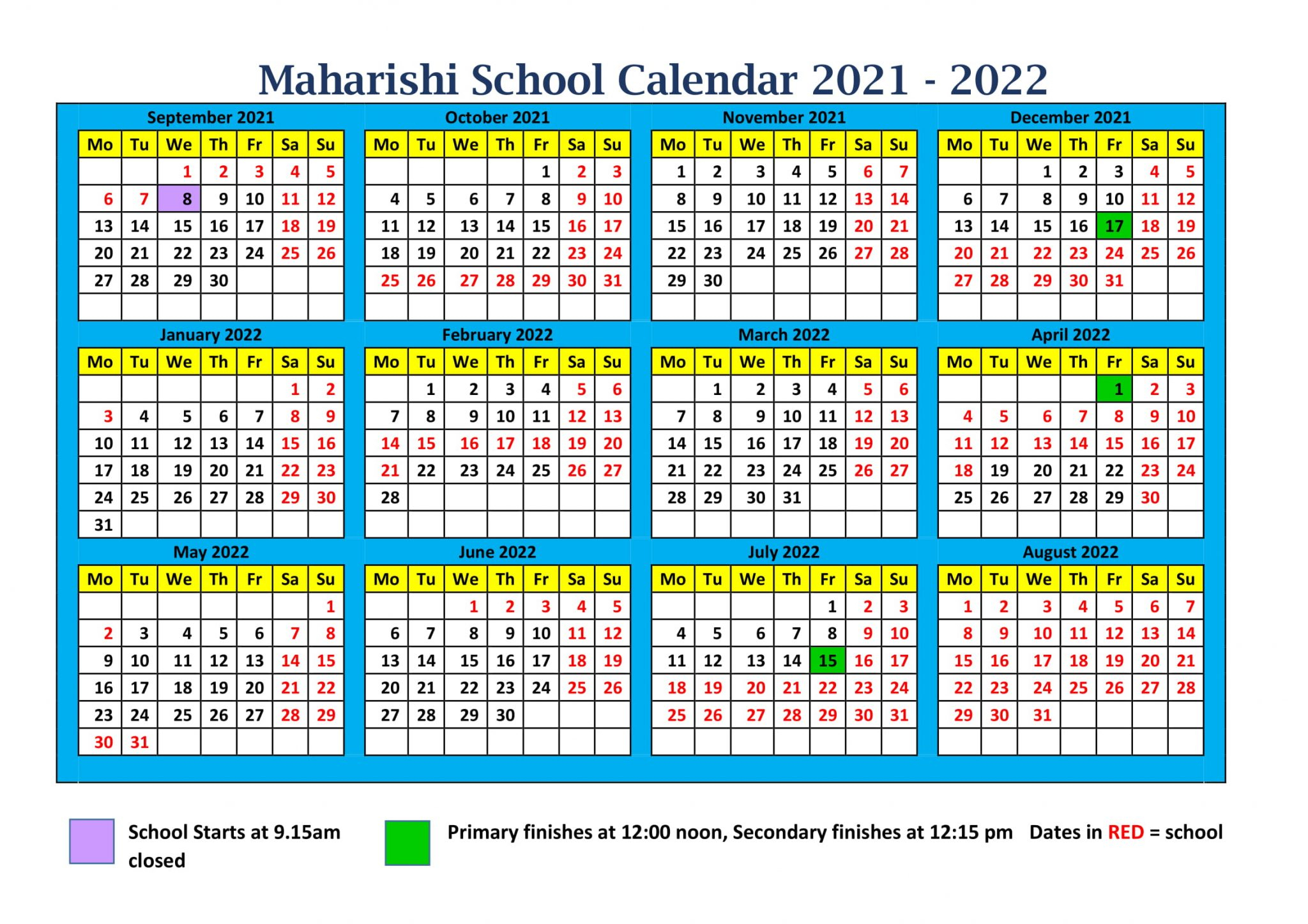 School Calendar 2021-2022 - Maharishi School