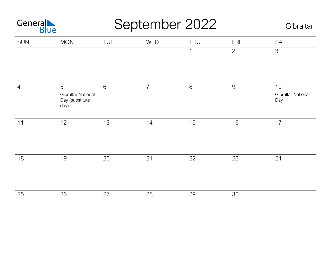 September 2022 Calendar - Gibraltar