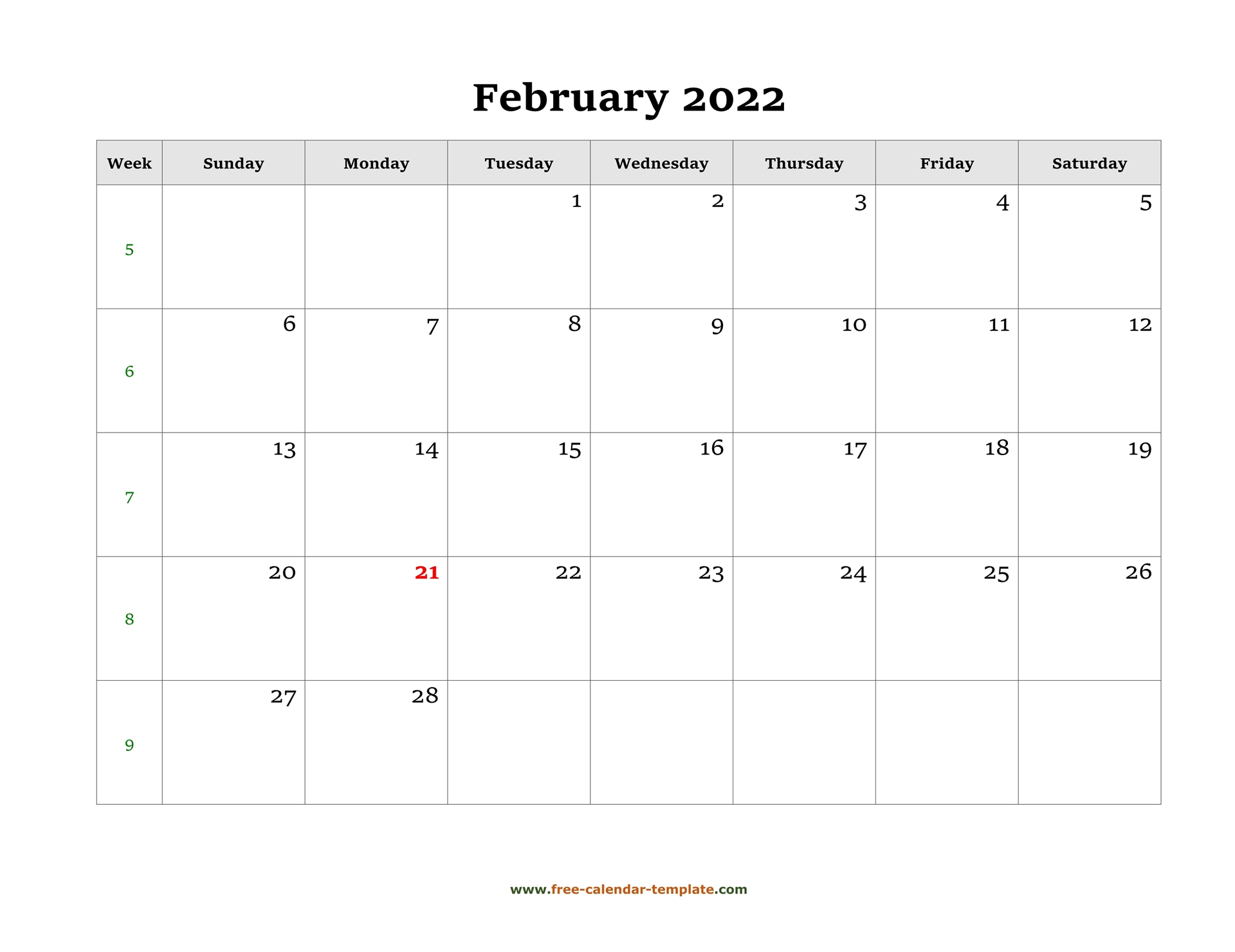 Simple February Calendar 2022 Large Box On Each Day For