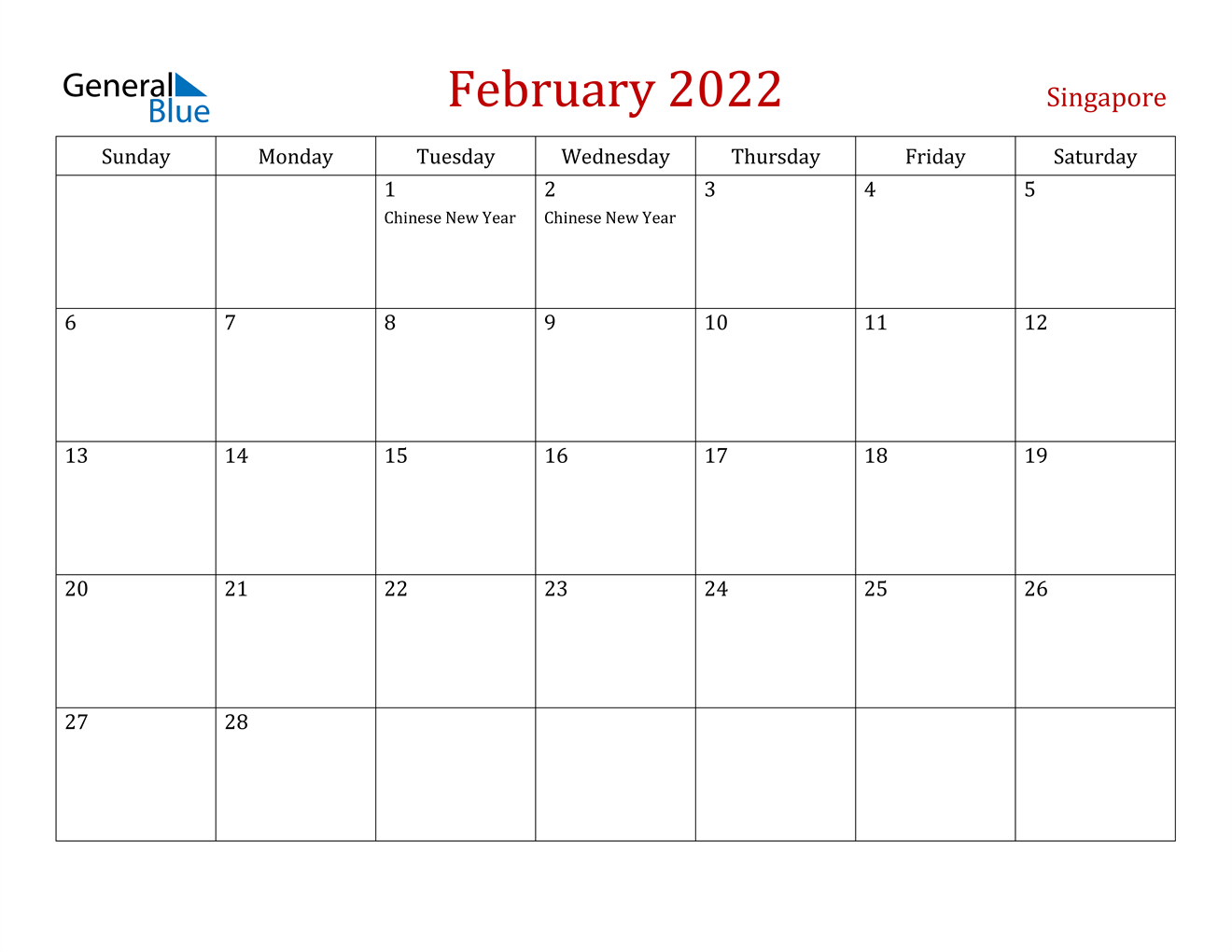 Singapore February 2022 Calendar With Holidays