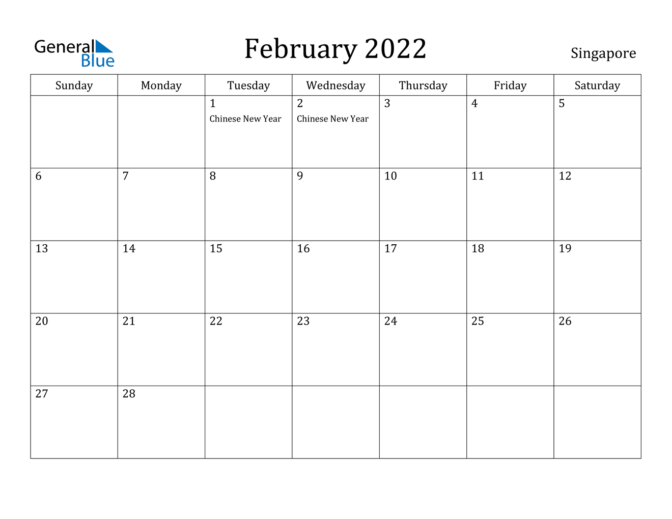 Singapore February 2022 Calendar With Holidays