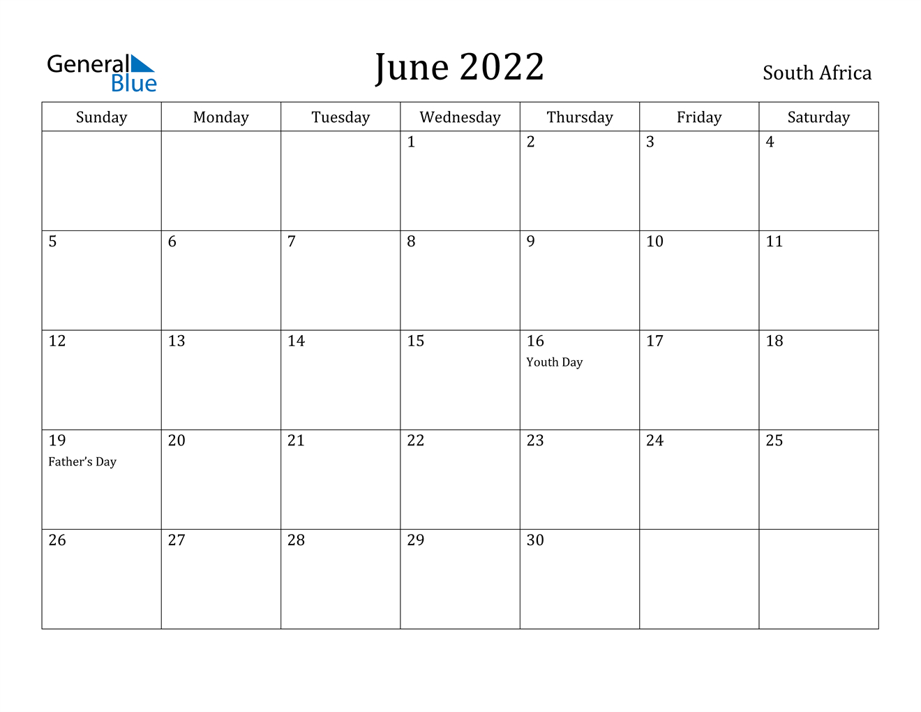 South Africa June 2022 Calendar With Holidays