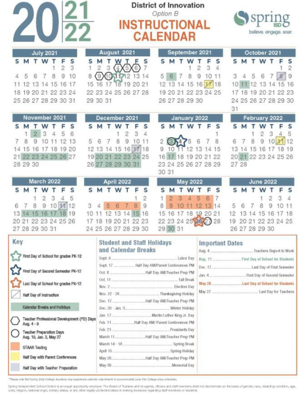 Spring Isd Approves Calendar For 2021-2022 School Year