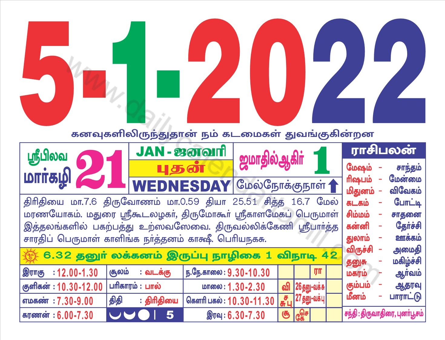 Tamil Daily Calendar Year 2022