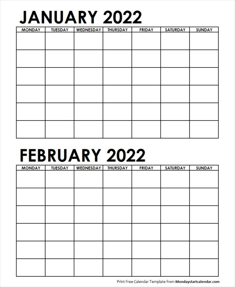 Two Month January February 2022 Calendar Blank | Two