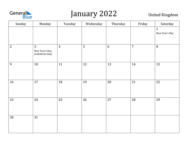 United Kingdom January 2022 Calendar With Holidays