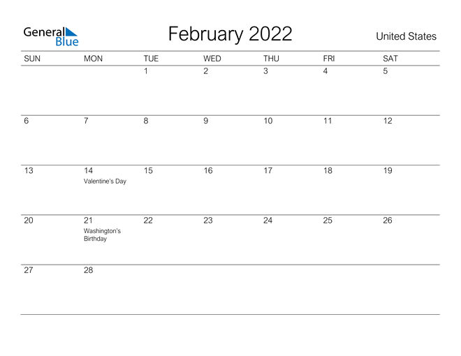United States February 2022 Calendar With Holidays