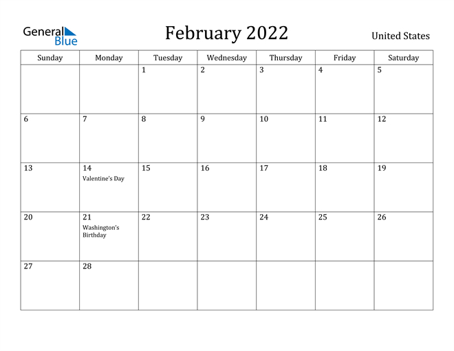 United States February 2022 Calendar With Holidays