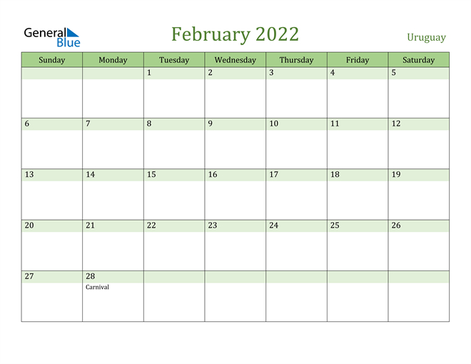 Uruguay February 2022 Calendar With Holidays