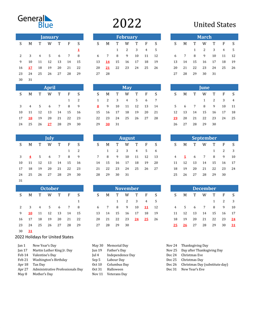 Usa National Holiday Calendar 2022