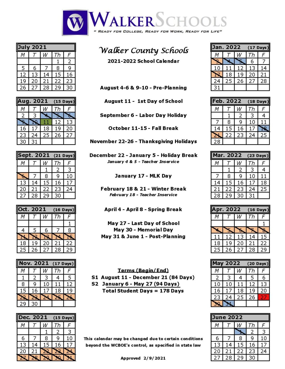 Walker County Schools Calendar 2021-2022 In Pdf