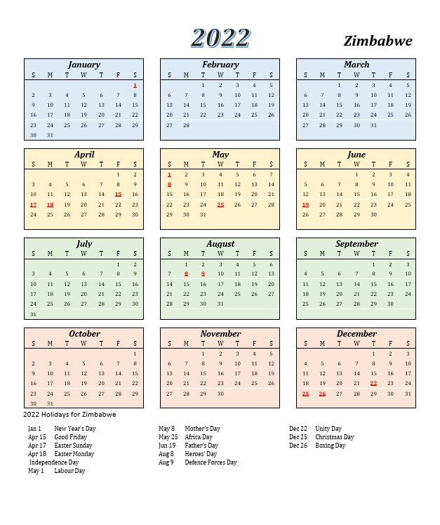 Zimbabwe 2022 Calendar Template 4 - 2021Printablecalendar