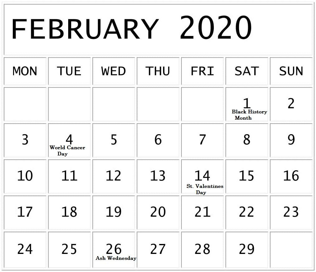 20+ February 2020 Calendar With Holidays - Free Download