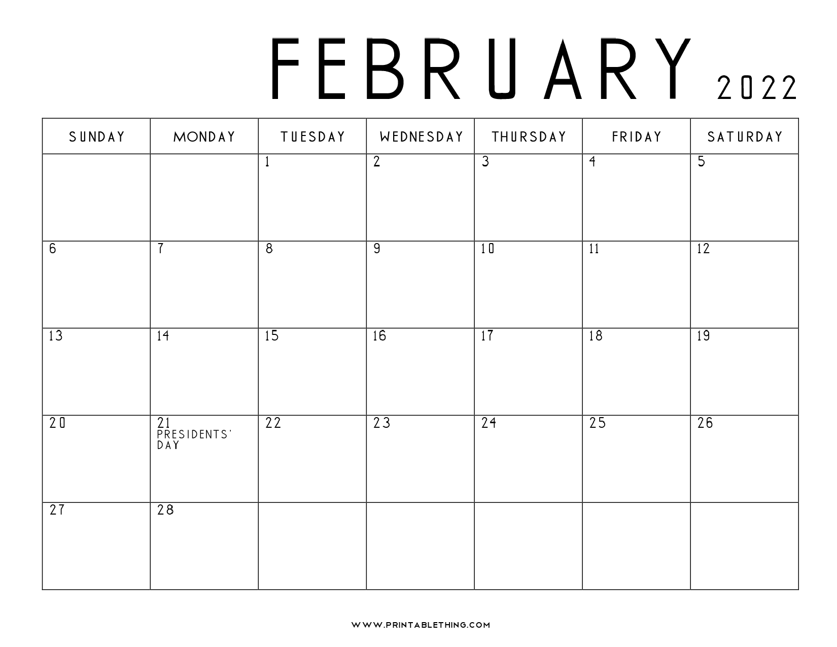 Calendar February 2022 Printable 