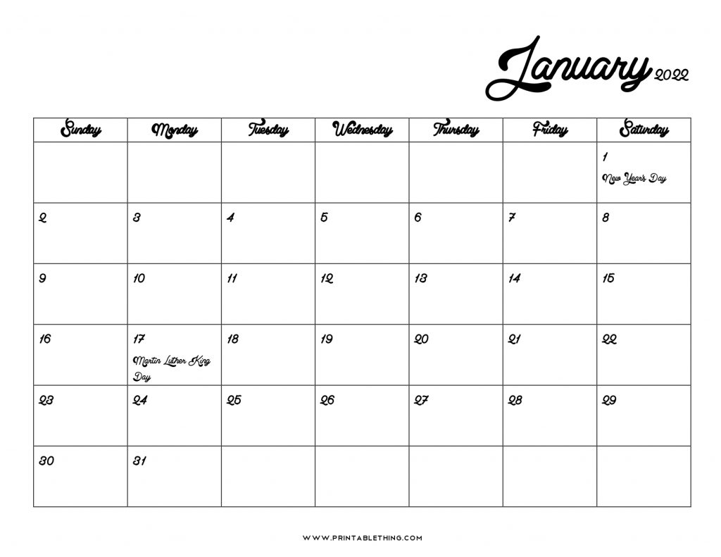 20+ Printable January 2022 Calendar With Holidays, Blank, Free