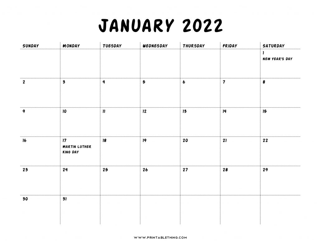 20+ Printable January 2022 Calendar With Holidays, Blank, Free