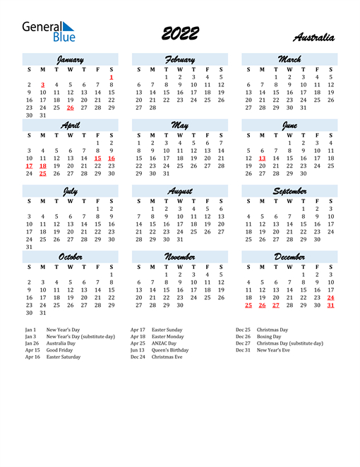 2022 Australia Calendar With Holidays