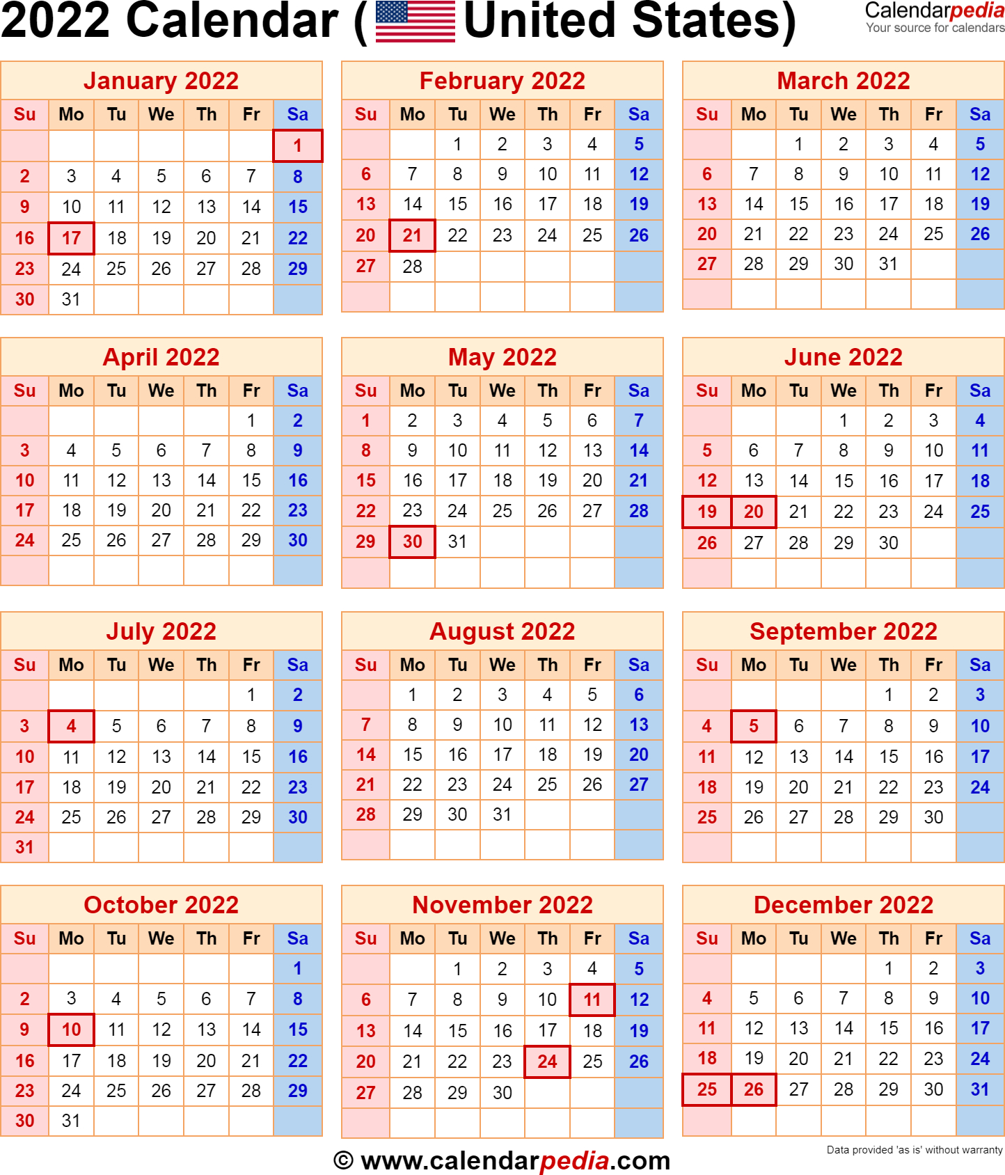 2022 Calendar With Federal Holidays