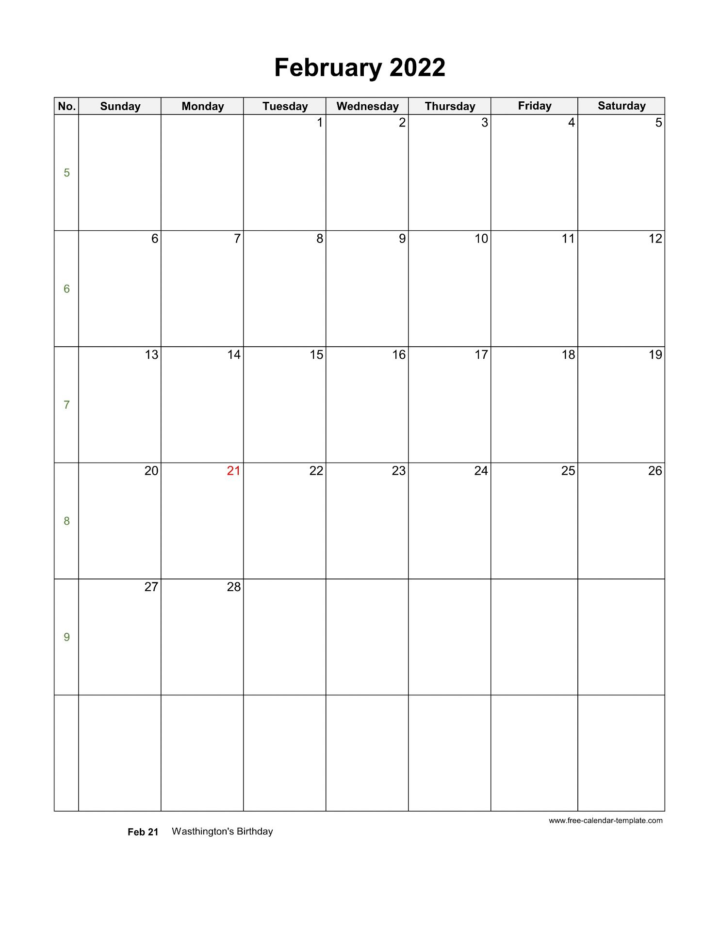 2022 February Calendar (Blank Vertical Template) | Free