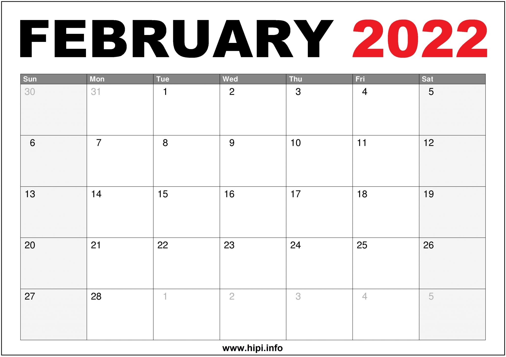 2022 February Calendar Us Printable - Hipi