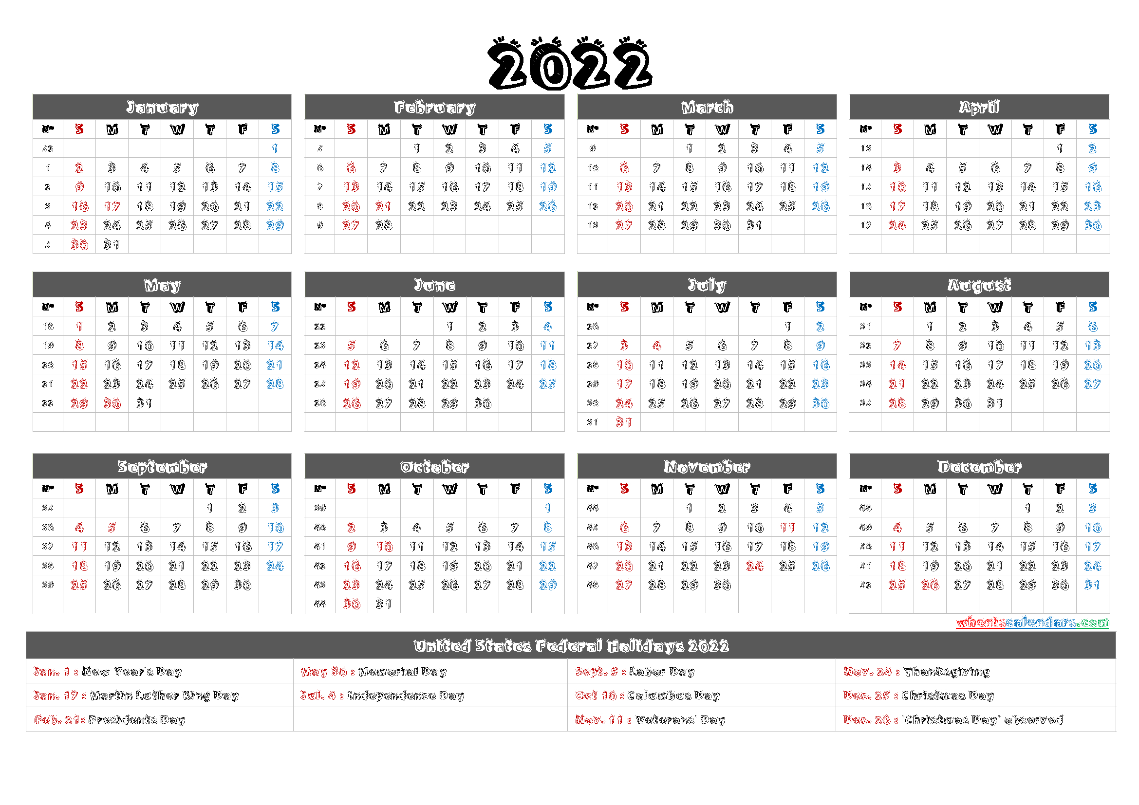 2022 One Page Calendar Printable - 6 Templates | Printable Yearly Calendar, 12 Month Calendar