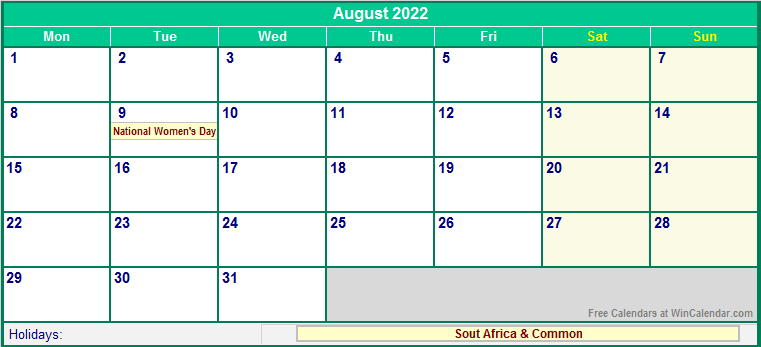 August 2022 South Africa Calendar With Holidays For