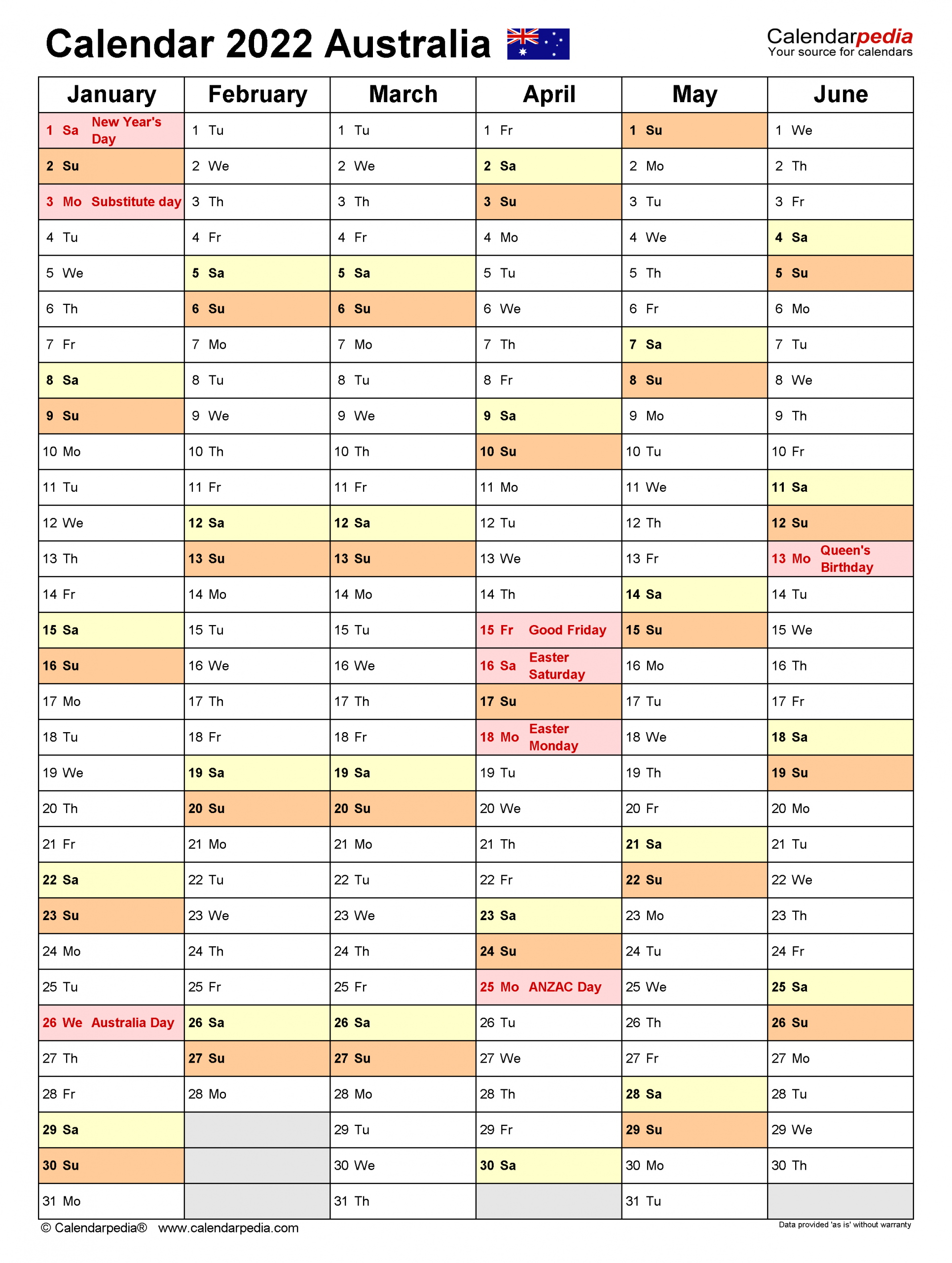 Australia Calendar 2022 - Free Printable Pdf Templates