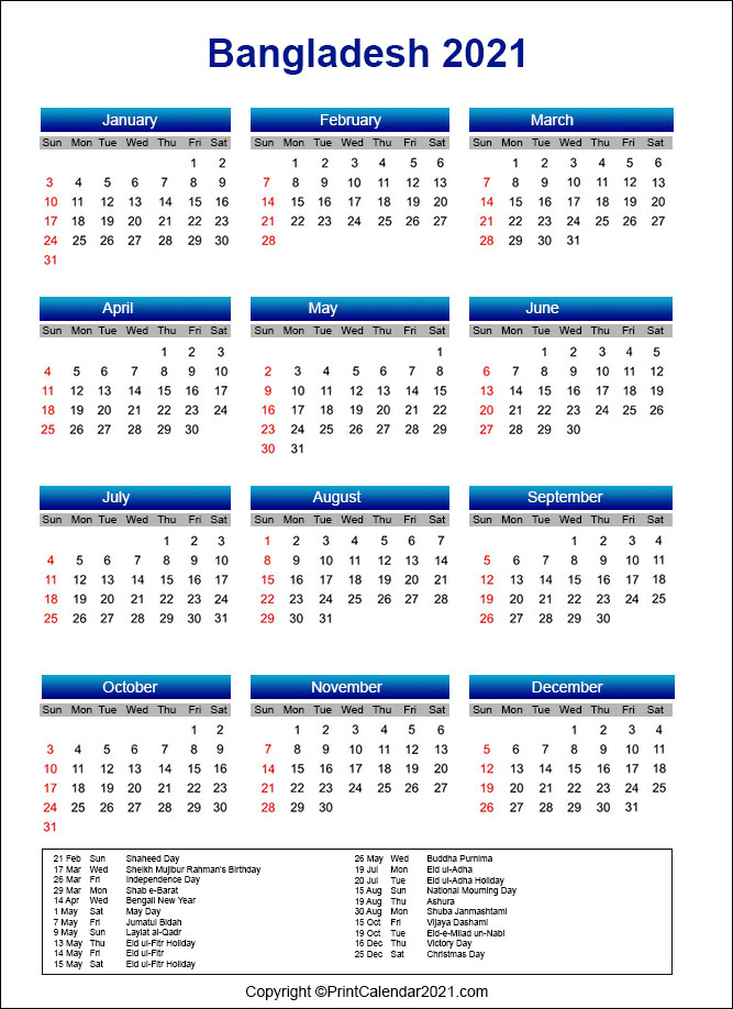 Bangladesh Bank Holiday Calendar 2021 - December October 2021