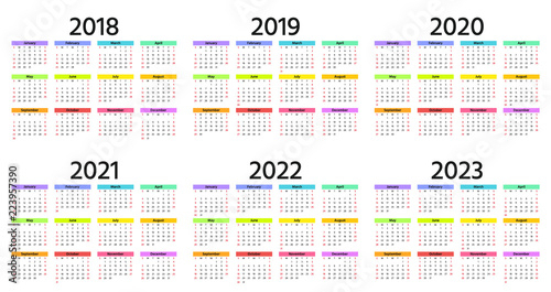 Calendar 2018, 2019, 2020, 2021, 2022, 2023 Year. Week