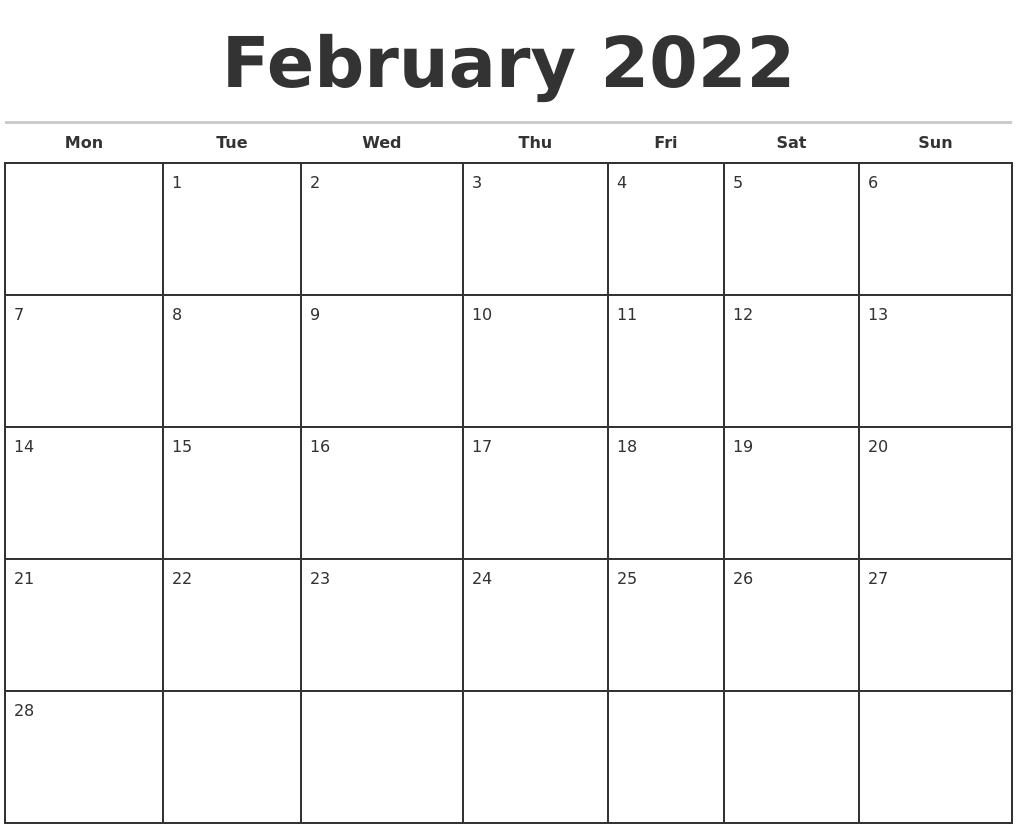 February 2022 Monthly Calendar Template