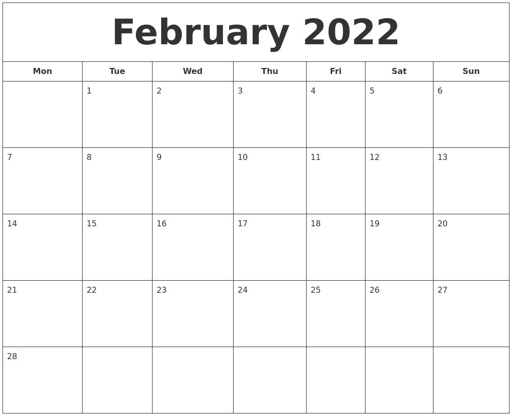 February 2022 Printable Calendar