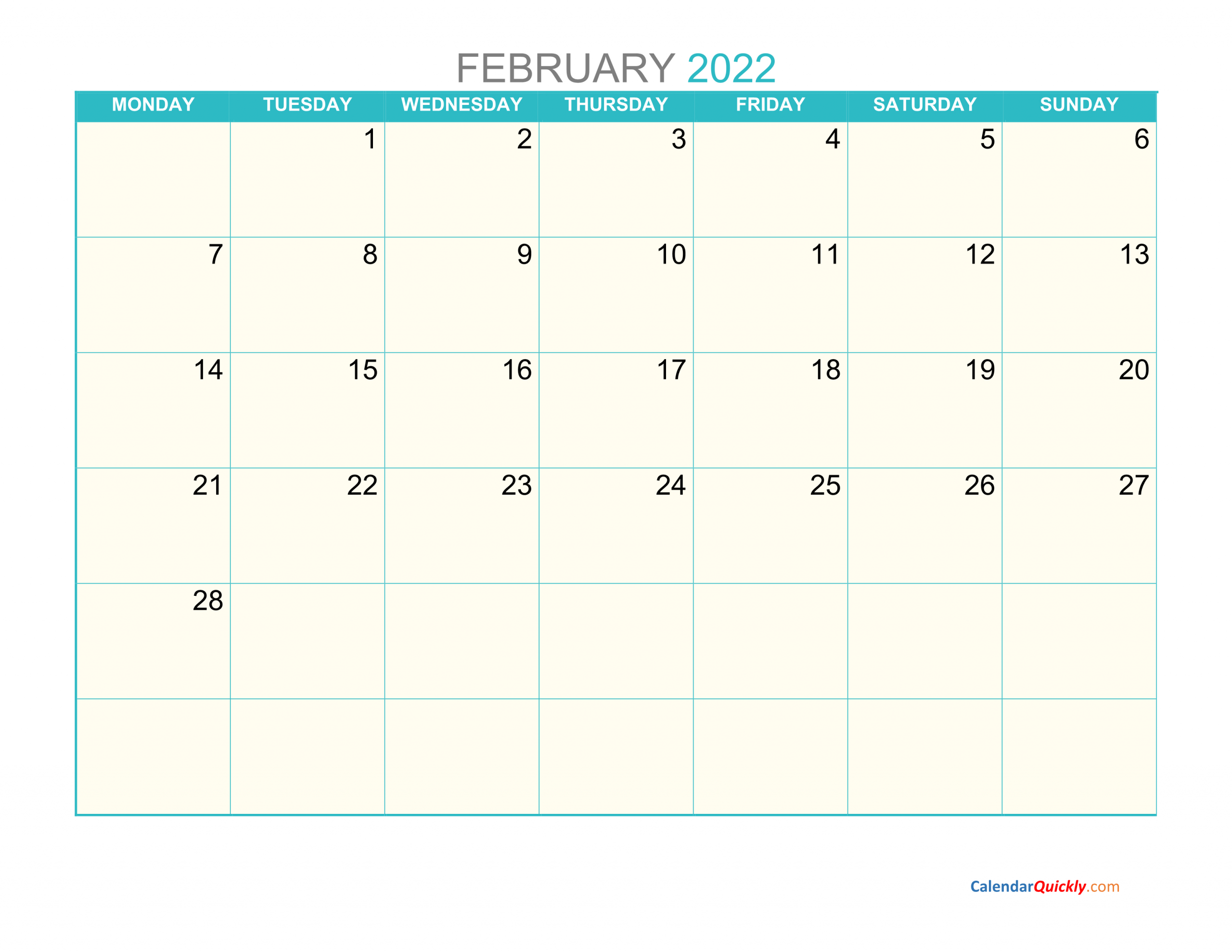 February Monday 2022 Calendar Printable | Calendar Quickly