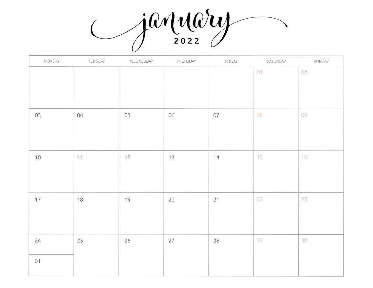 Free Printable Calendar Templates January 2022