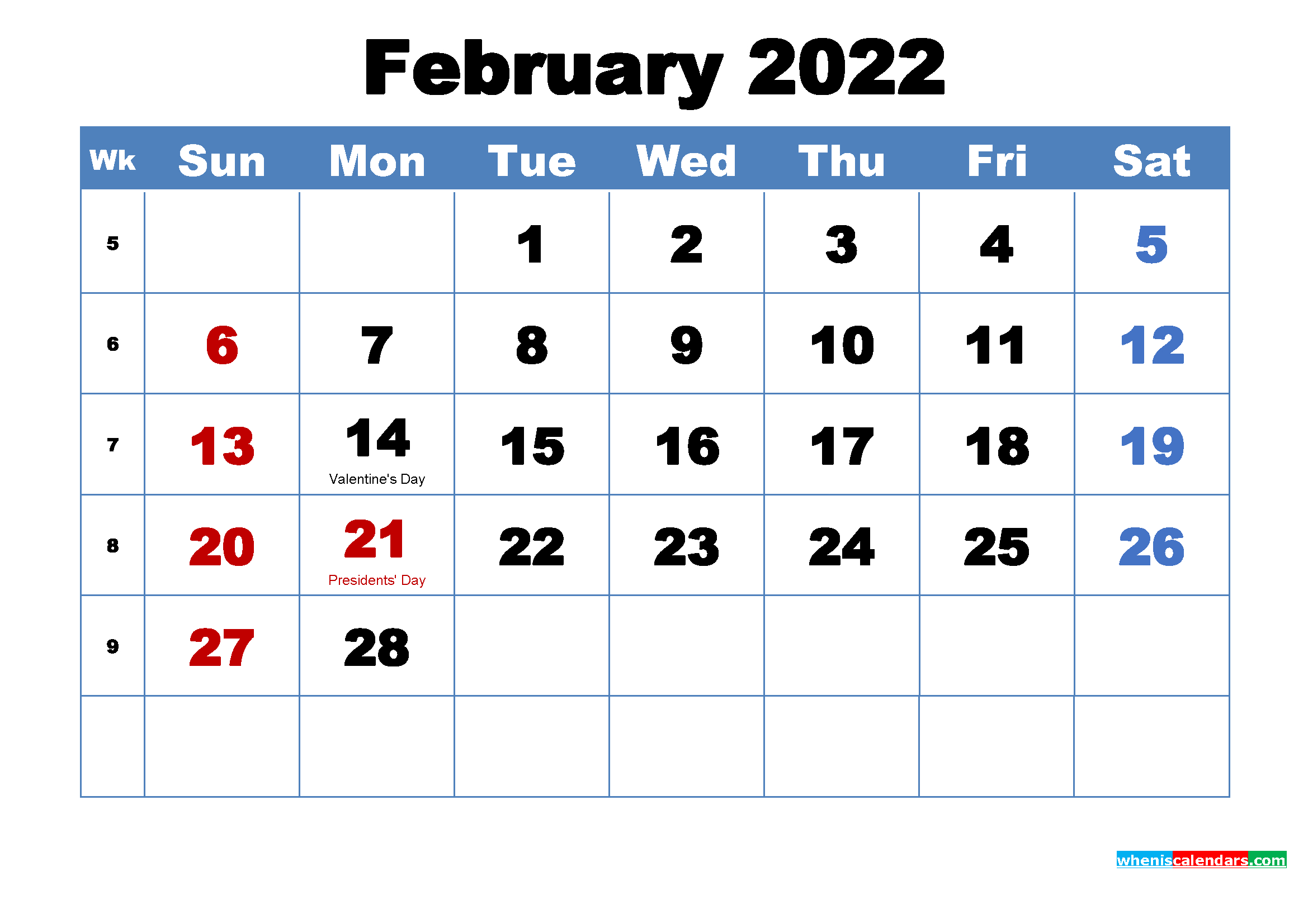 Free Printable February 2022 Calendar With Holidays