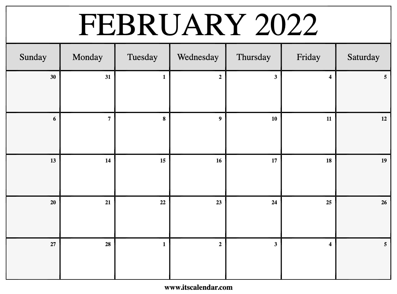 Free Printable February 2022 Calendar