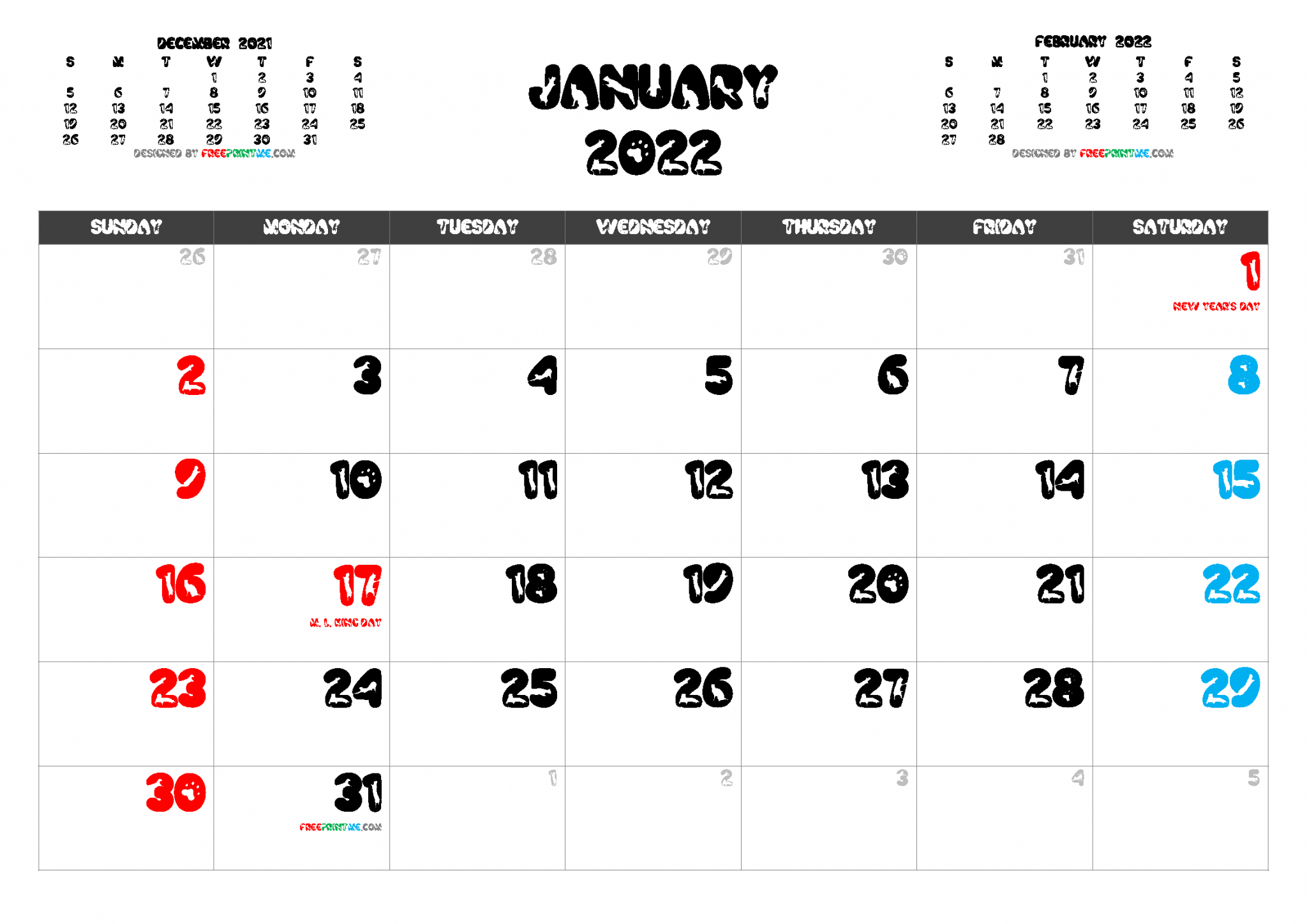 Free Printable January 2022 Calendar Pdf Png Image