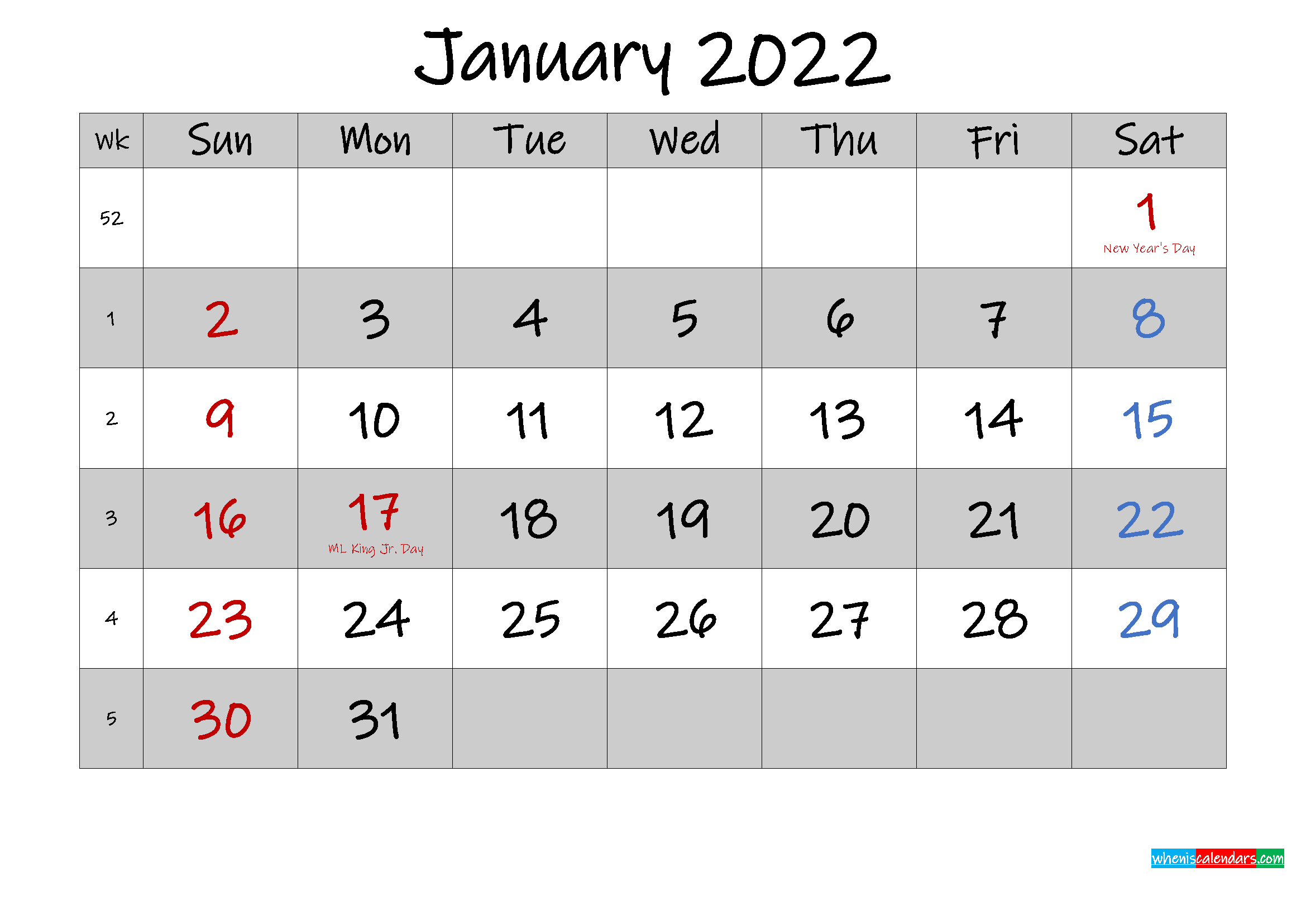 Free Printable January 2022 Calendar With Holidays