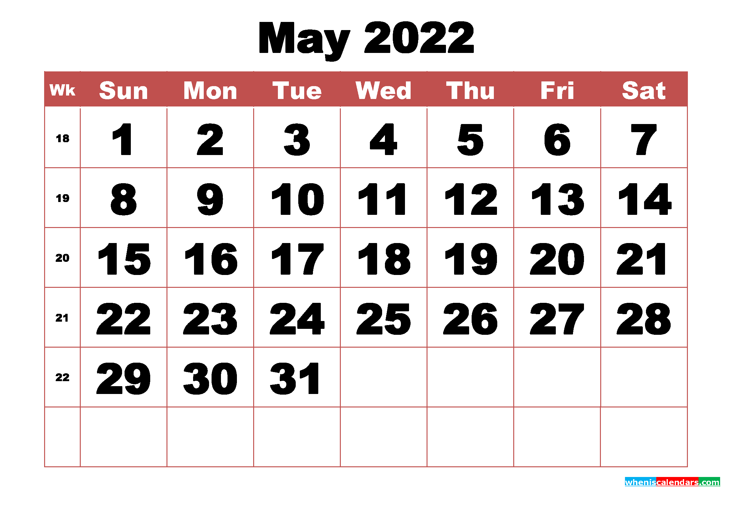 Free Printable May 2022 Calendar With Week Numbers - Free