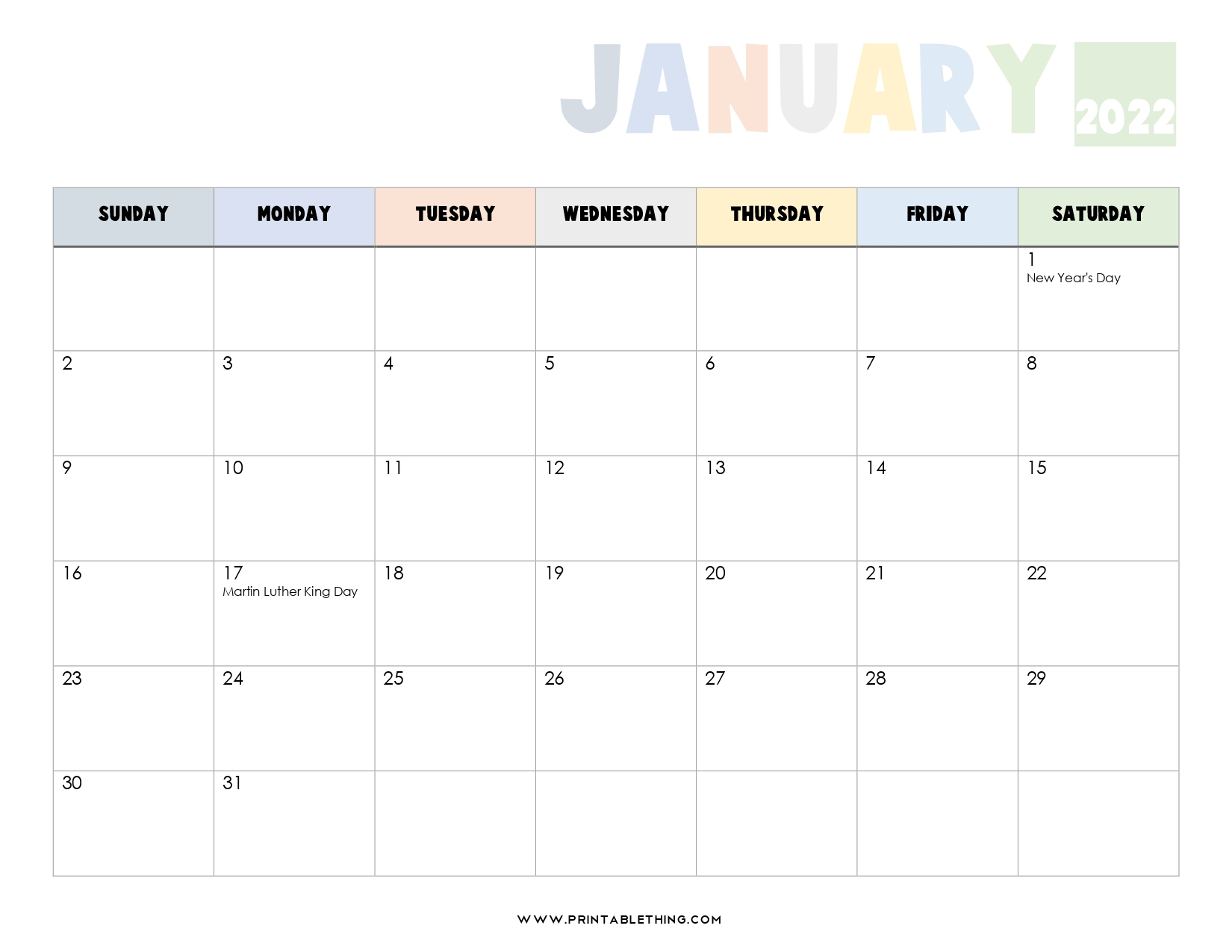 January 2022 Calendar Printable, Pdf, Us Holidays, January