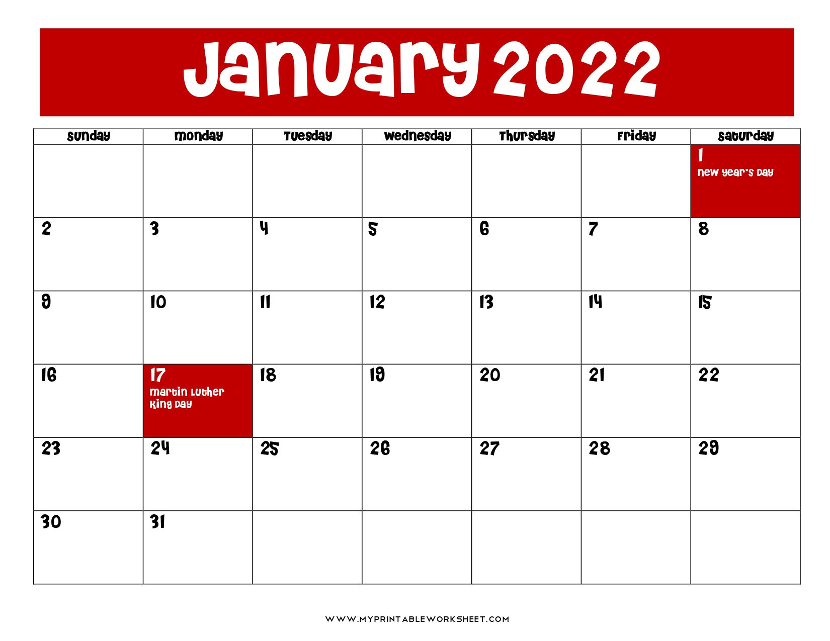 January 2022 Calendar Printable With Holidays, Blank, Pdf