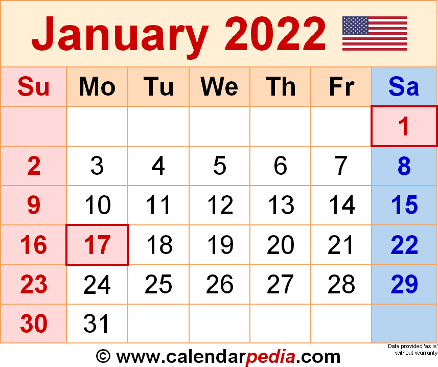 January 2022 Calendar | Templates For Word, Excel And Pdf