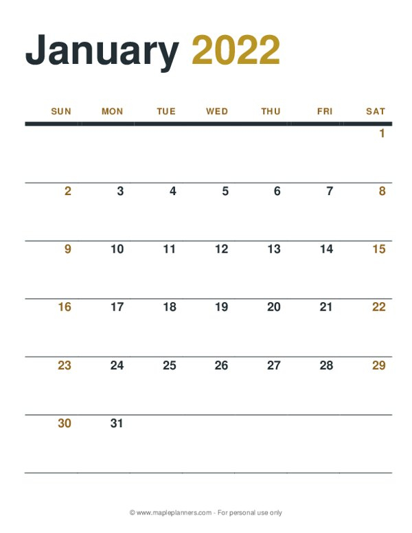 January 2022 Monthly Calendar Template - Free Printables