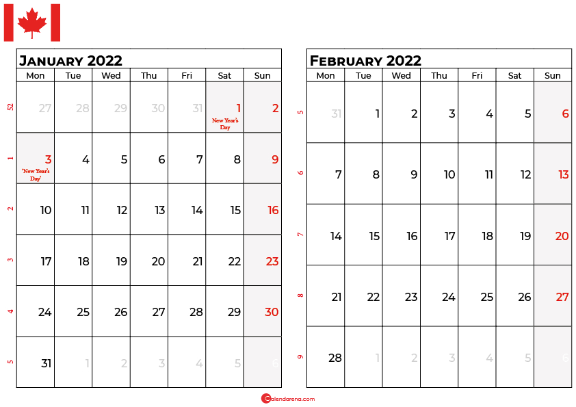 January And February 2022 Calendar Canada In 2021