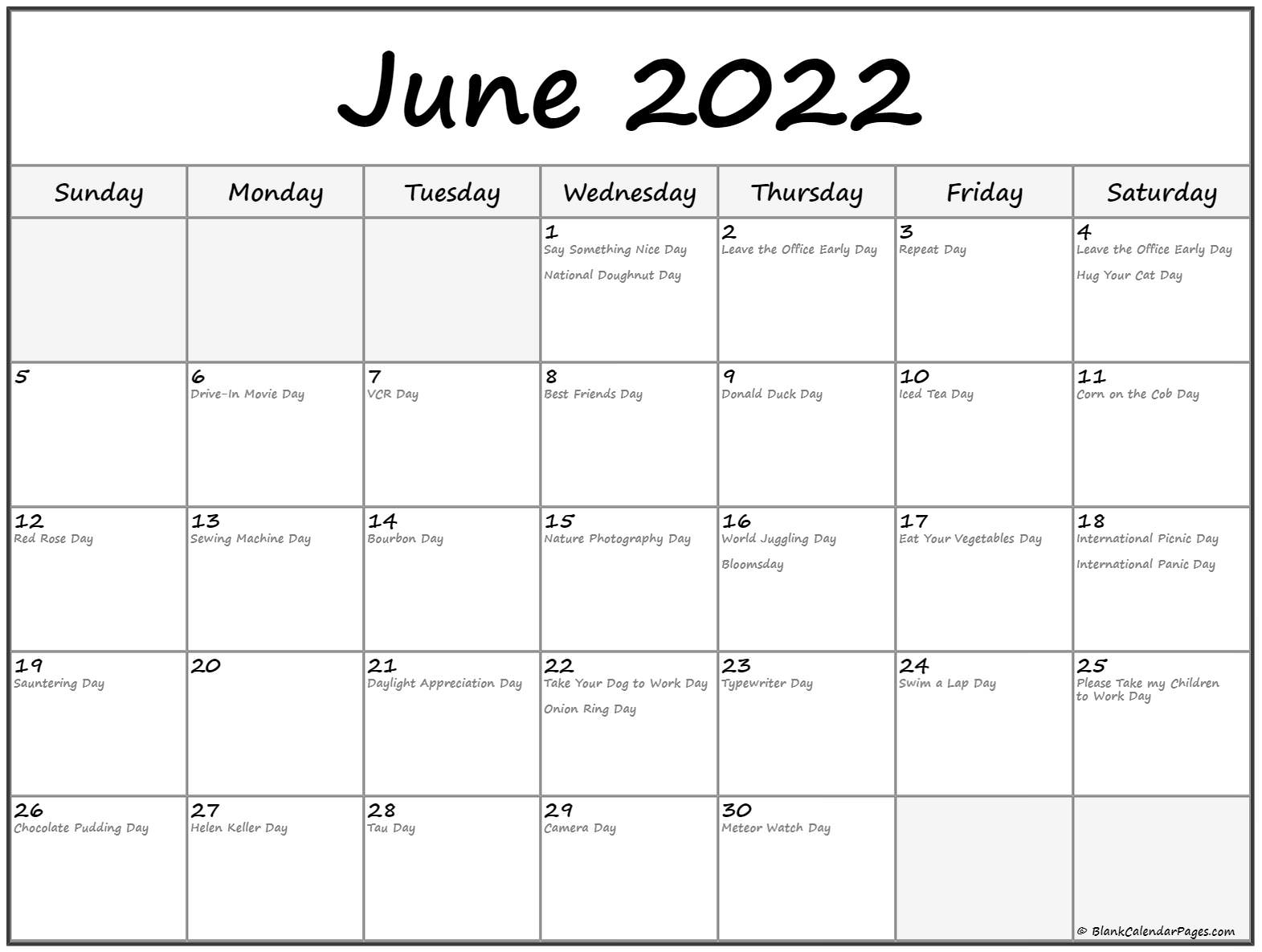 June 2022 With Holidays Calendar
