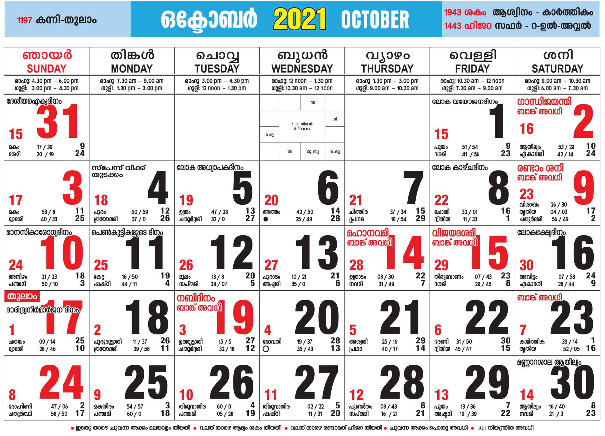 Malayalam Calendar 2021 October | Seg