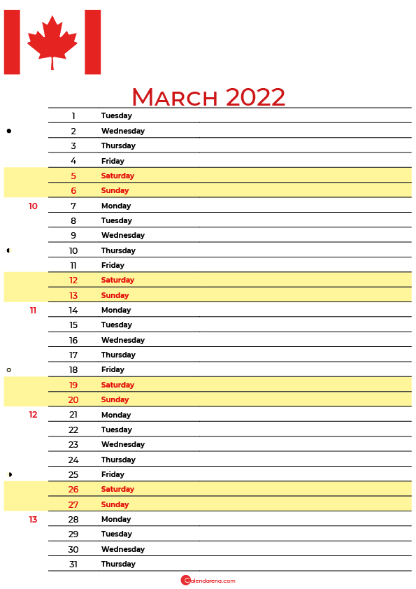 March 2022 Calendar Canada With Holidays