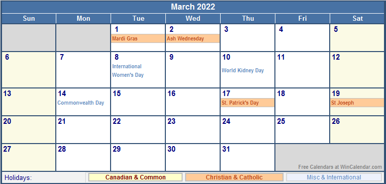 March 2022 Canada Calendar With Holidays For Printing