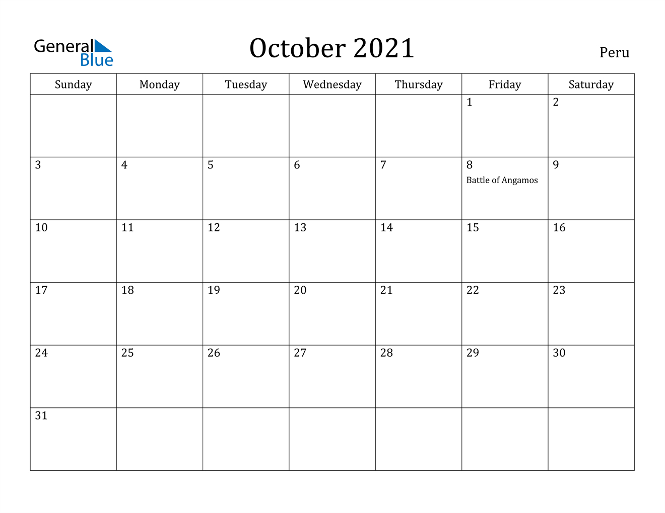 October 2021 Calendar - Peru