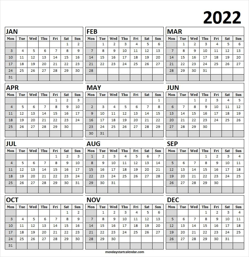 Printable Calendar 2022 Monday Start | Jan To Dec 2022